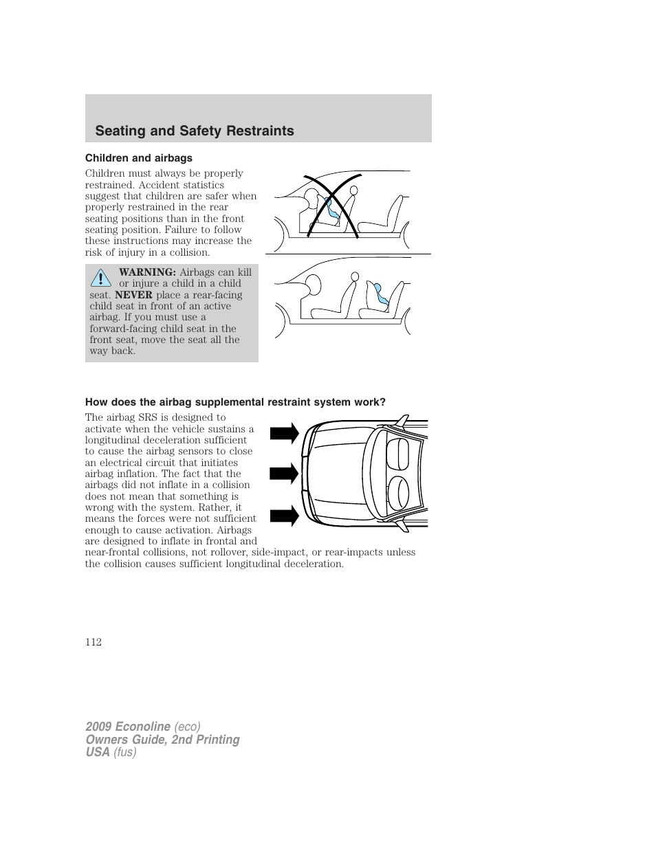 Children and airbags, Seating and safety restraints | FORD 2009 E-450 v.2 User Manual | Page 112 / 320