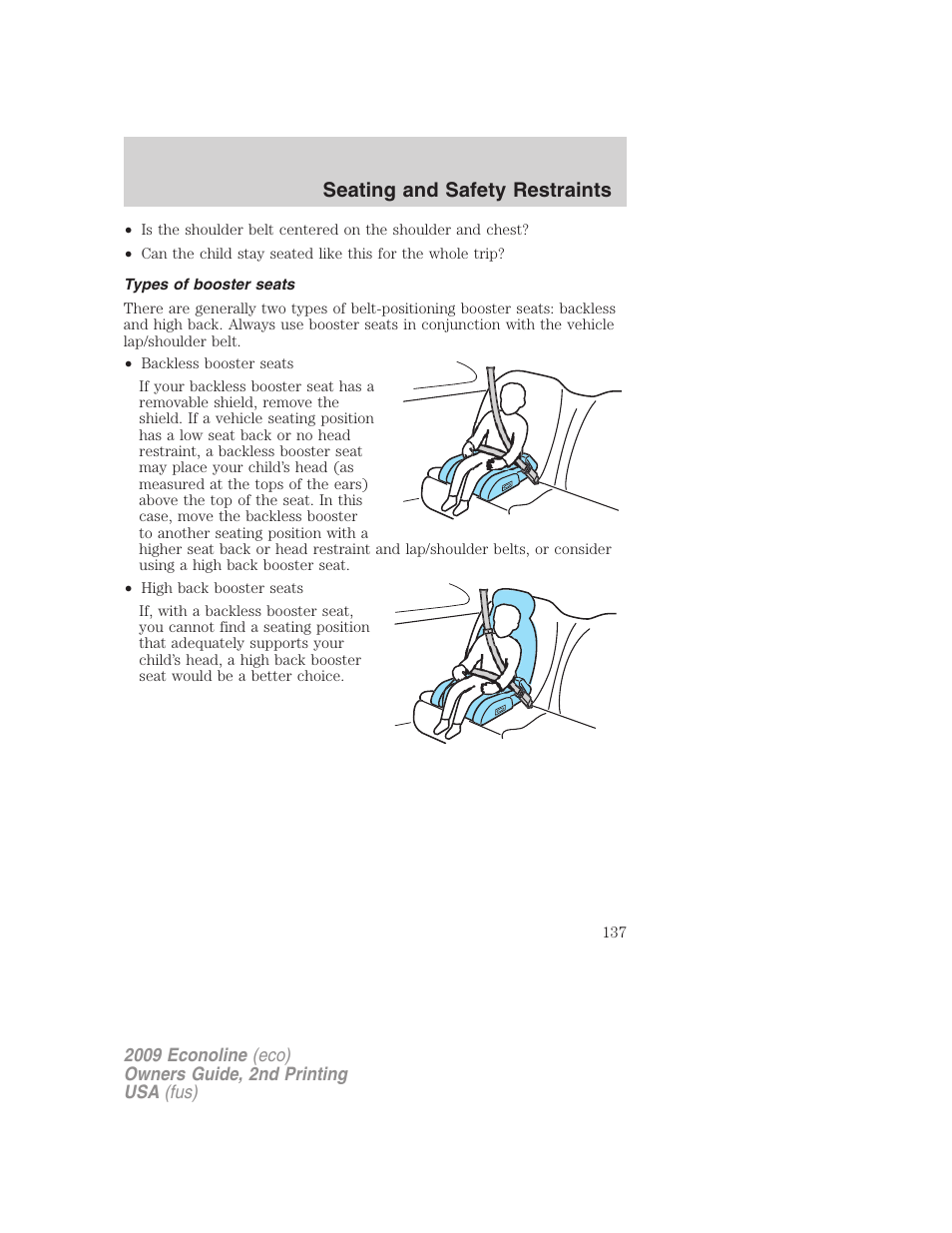 Types of booster seats, Seating and safety restraints | FORD 2009 E-450 v.2 User Manual | Page 137 / 320