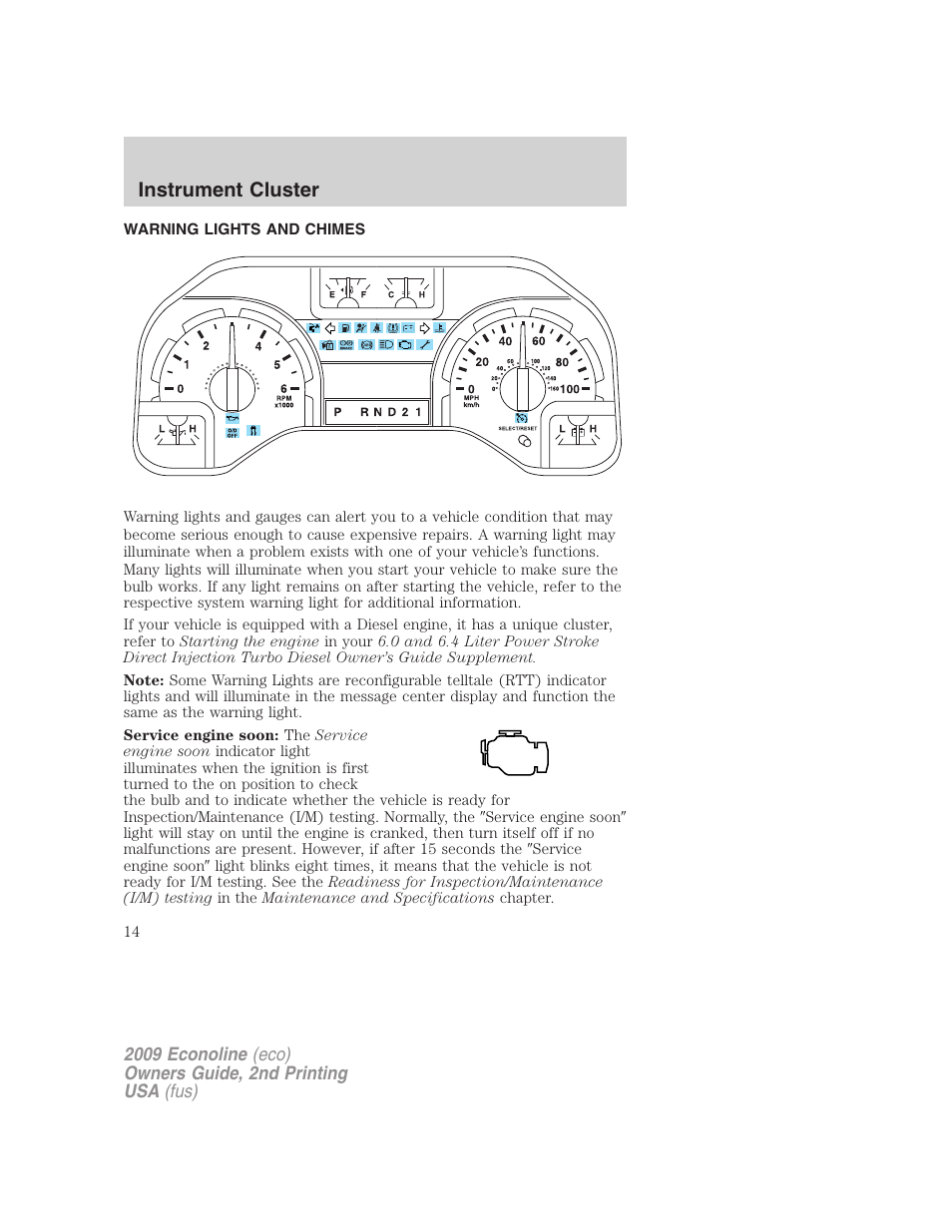 Instrument cluster, Warning lights and chimes | FORD 2009 E-450 v.2 User Manual | Page 14 / 320