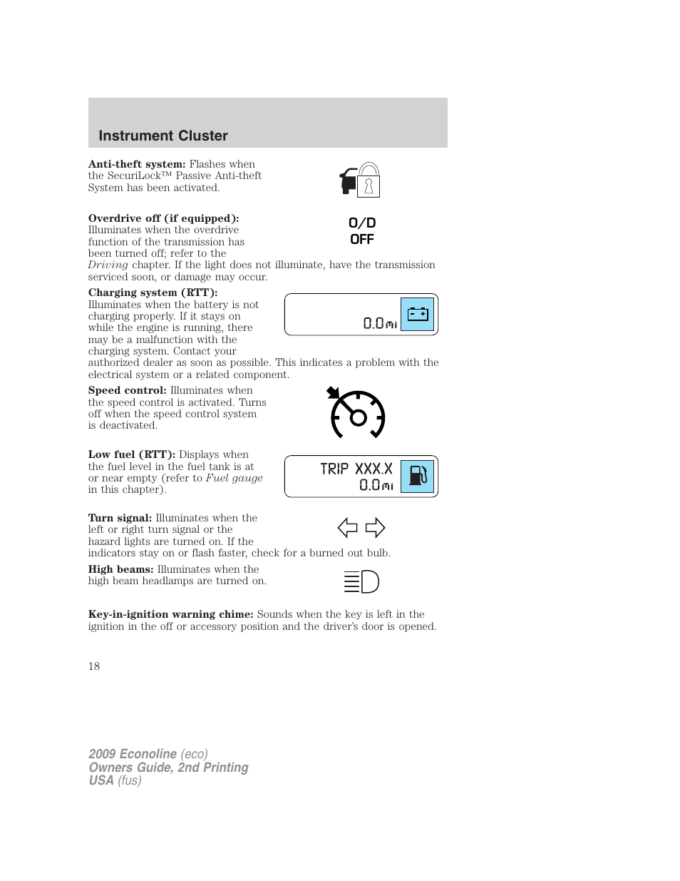 Instrument cluster | FORD 2009 E-450 v.2 User Manual | Page 18 / 320