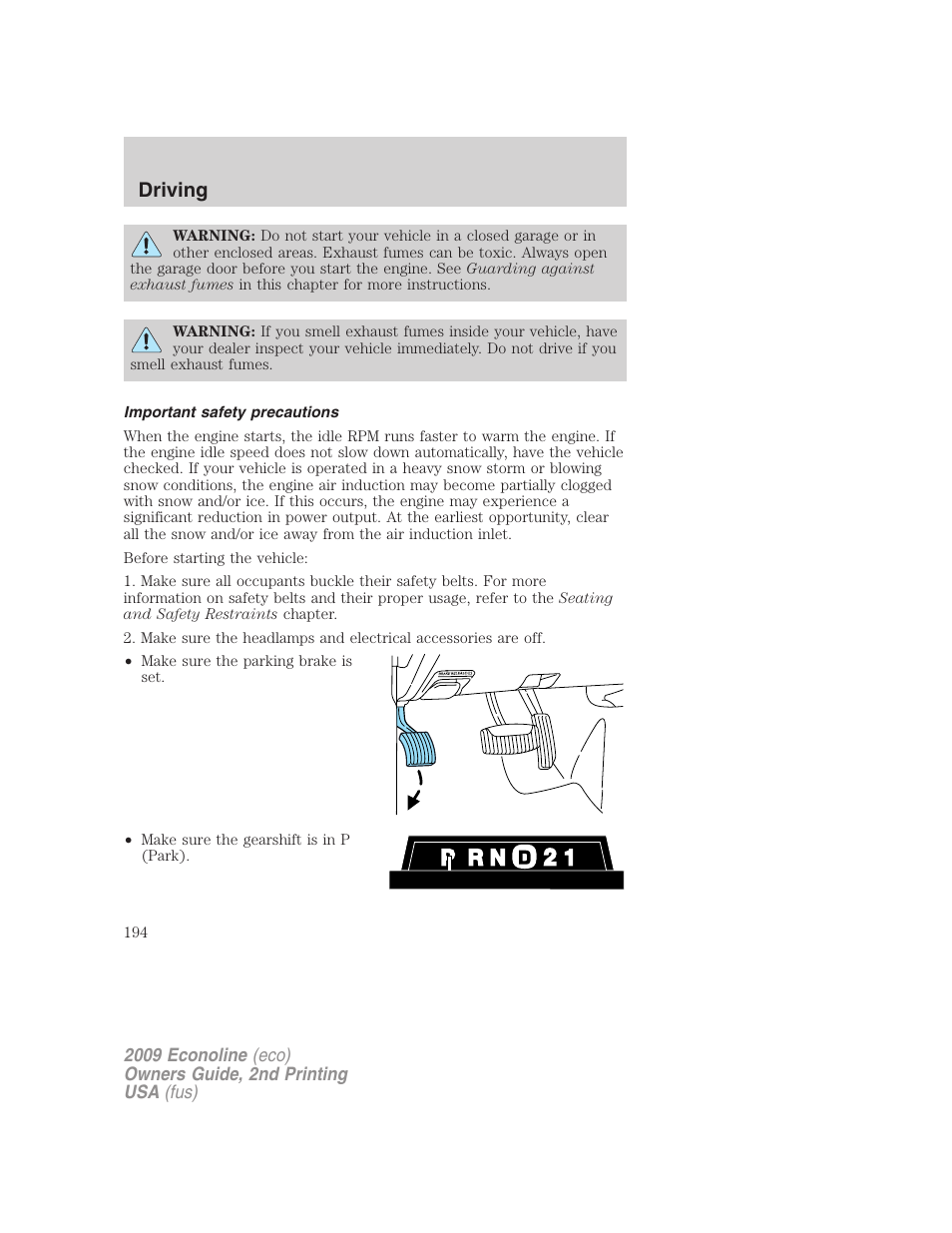 Important safety precautions, Driving | FORD 2009 E-450 v.2 User Manual | Page 194 / 320