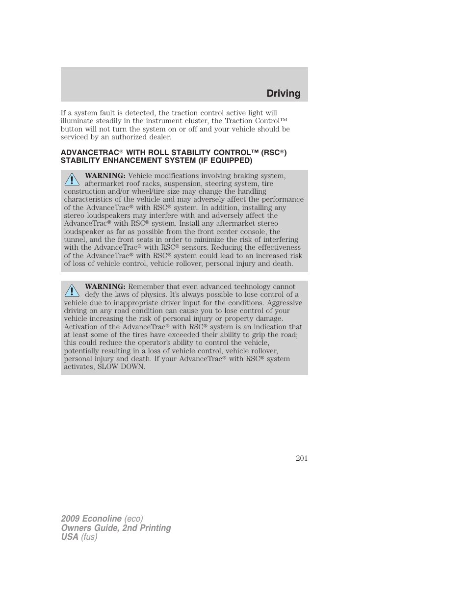 Advancetrac, Driving | FORD 2009 E-450 v.2 User Manual | Page 201 / 320
