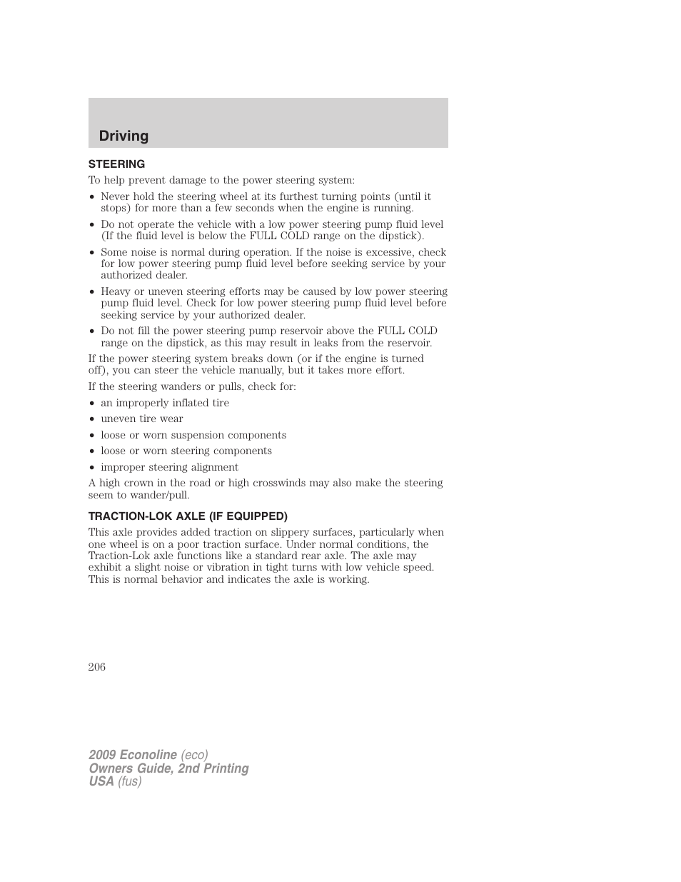 Steering, Traction-lok axle (if equipped), Driving | FORD 2009 E-450 v.2 User Manual | Page 206 / 320