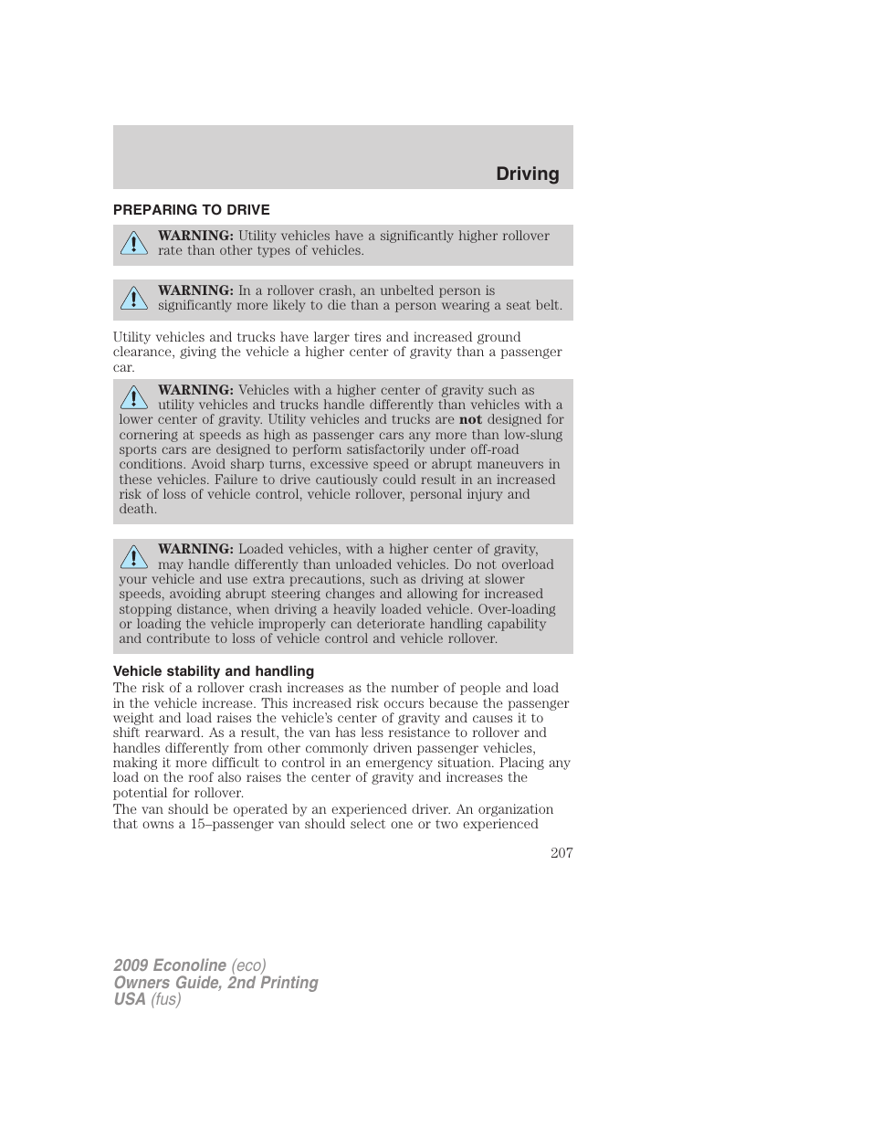 Preparing to drive, Vehicle stability and handling, Driving | FORD 2009 E-450 v.2 User Manual | Page 207 / 320