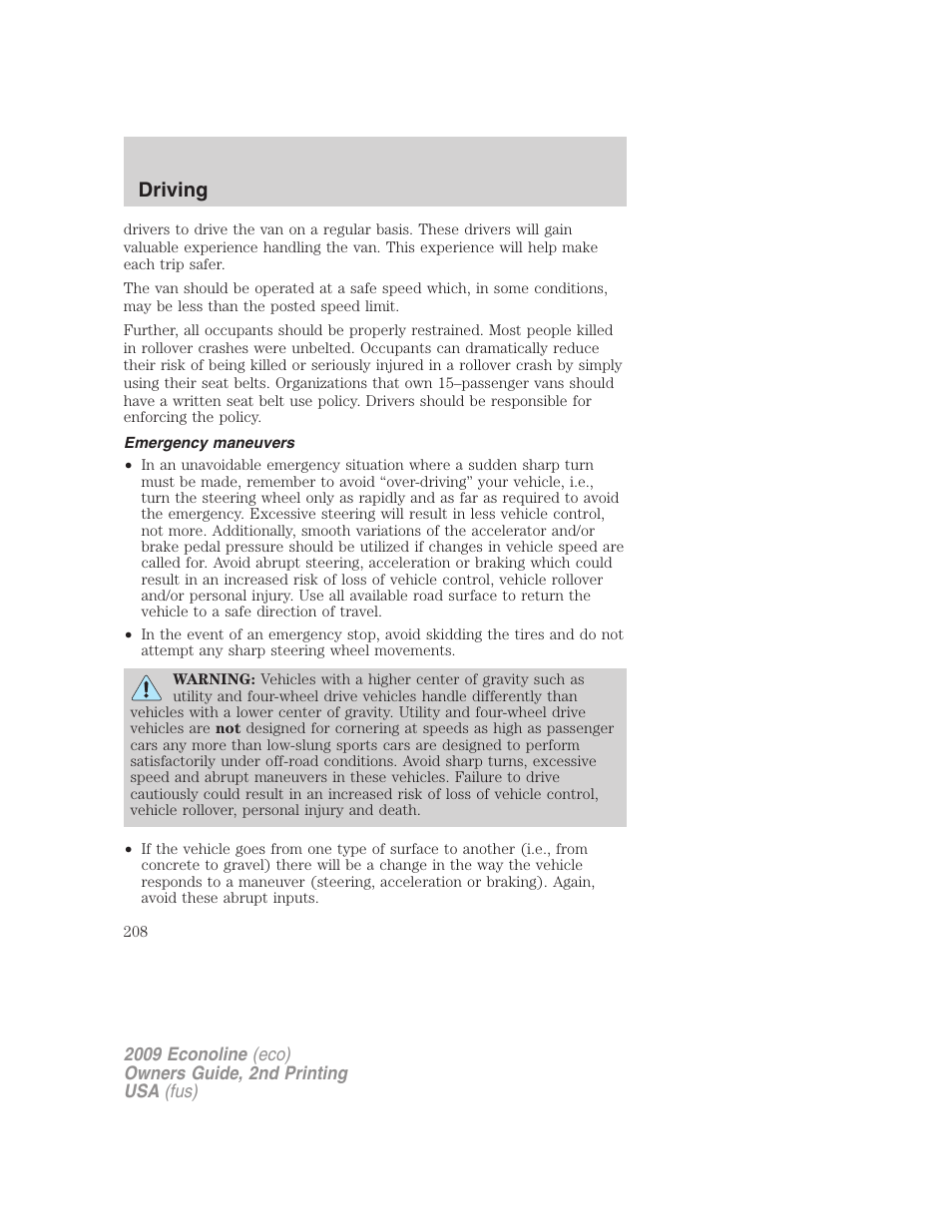 Emergency maneuvers, Driving | FORD 2009 E-450 v.2 User Manual | Page 208 / 320