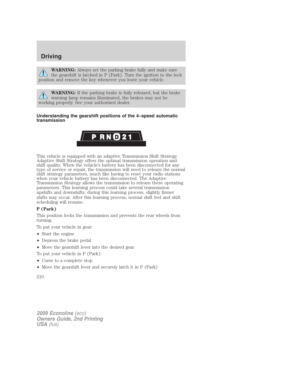 Driving | FORD 2009 E-450 v.2 User Manual | Page 210 / 320