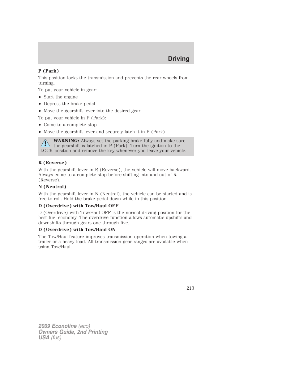 Driving | FORD 2009 E-450 v.2 User Manual | Page 213 / 320