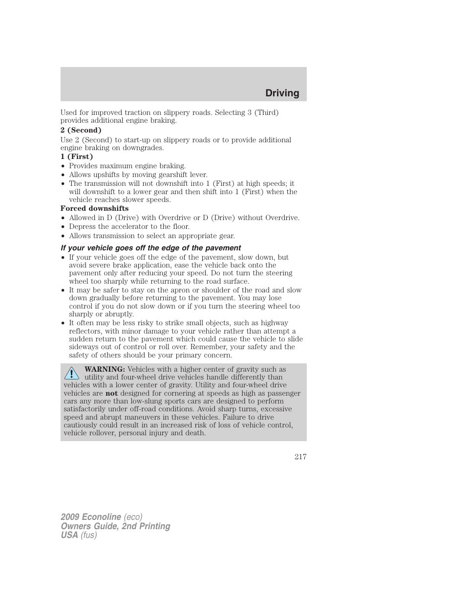 If your vehicle goes off the edge of the pavement, Driving | FORD 2009 E-450 v.2 User Manual | Page 217 / 320