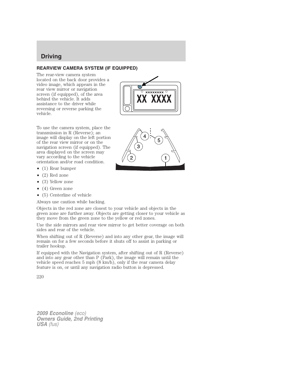 Rearview camera system (if equipped), Reverse camera, Driving | FORD 2009 E-450 v.2 User Manual | Page 220 / 320