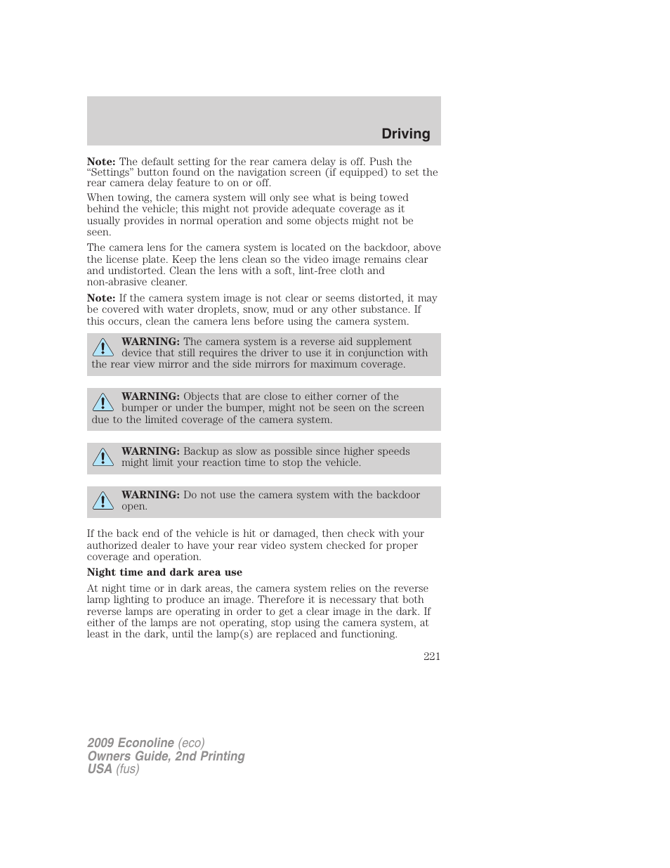 Driving | FORD 2009 E-450 v.2 User Manual | Page 221 / 320