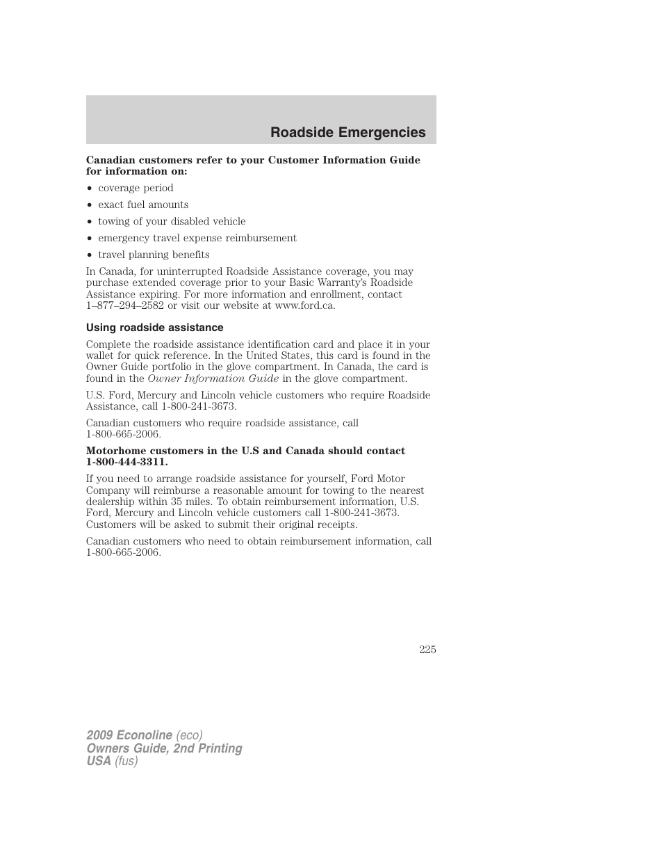 Using roadside assistance, Roadside emergencies | FORD 2009 E-450 v.2 User Manual | Page 225 / 320