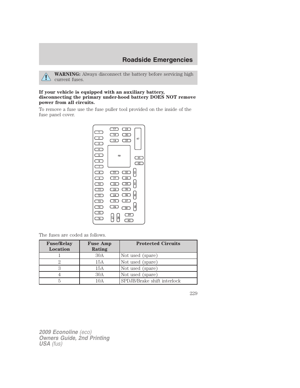 Roadside emergencies | FORD 2009 E-450 v.2 User Manual | Page 229 / 320