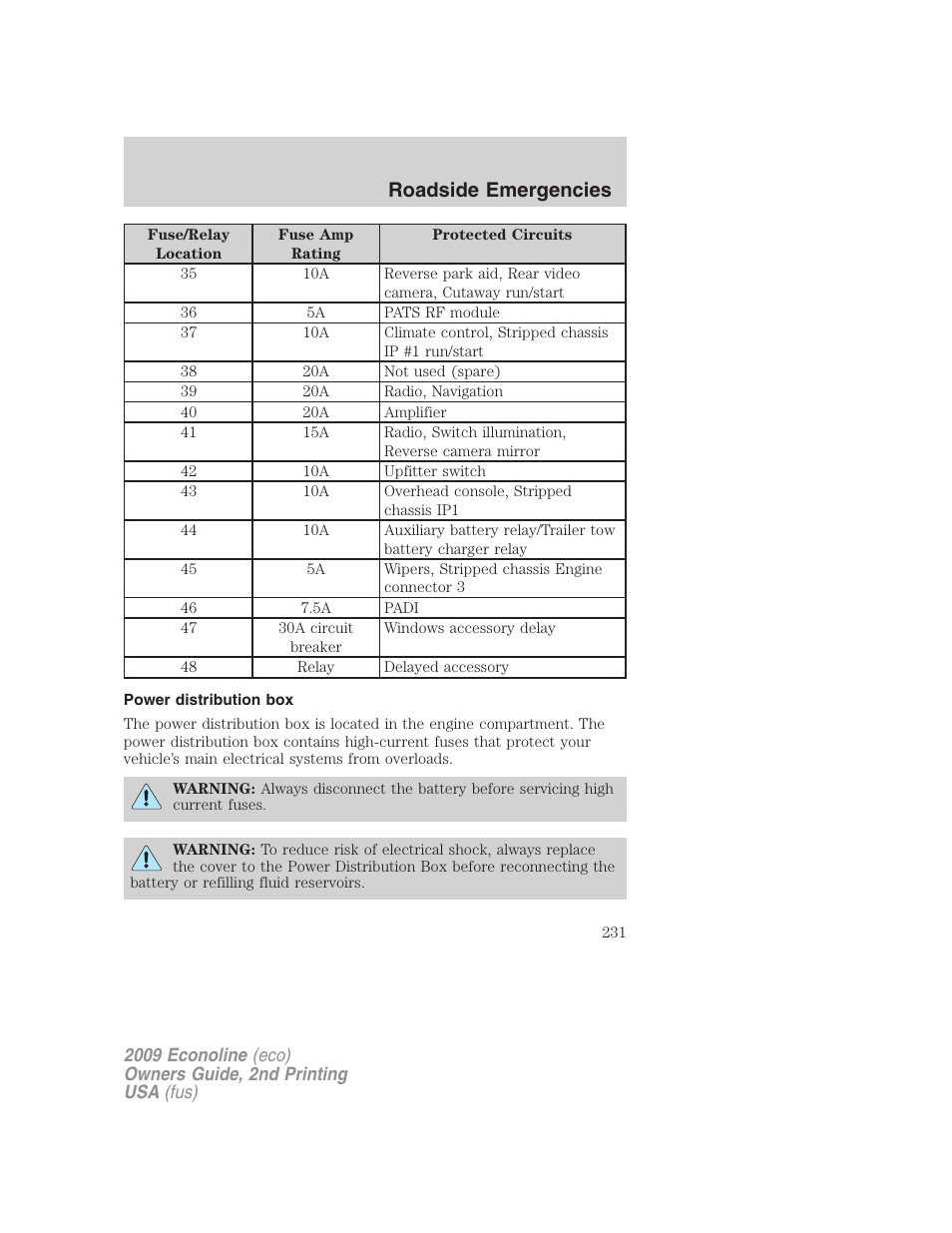 Power distribution box, Roadside emergencies | FORD 2009 E-450 v.2 User Manual | Page 231 / 320