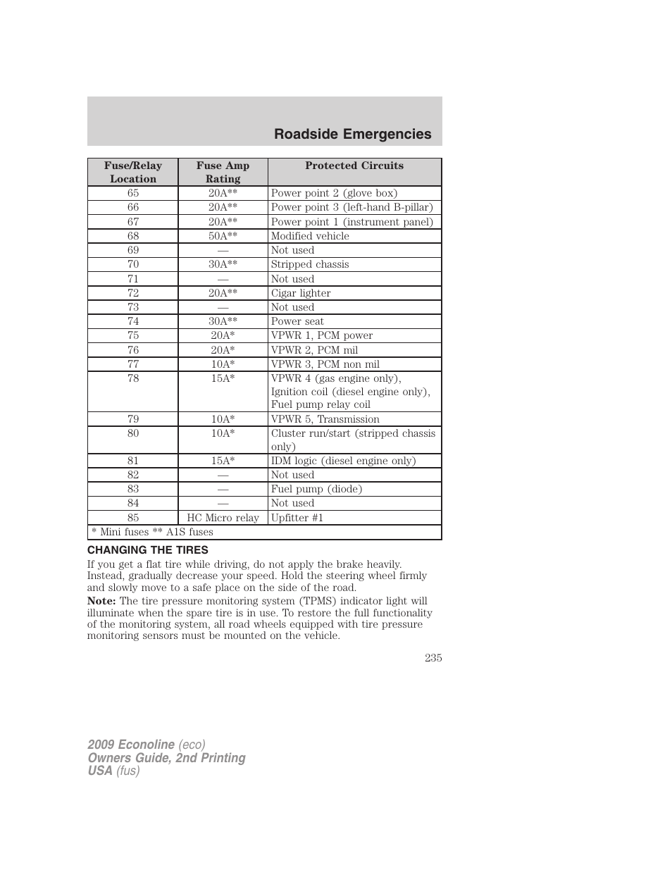 Changing the tires, Changing tires, Roadside emergencies | FORD 2009 E-450 v.2 User Manual | Page 235 / 320
