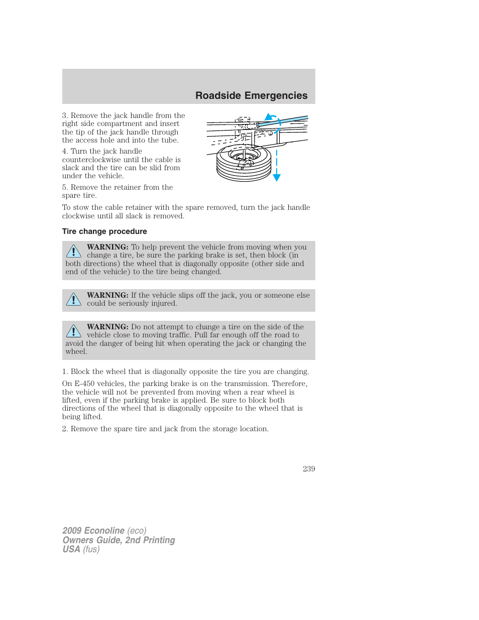 Tire change procedure, Roadside emergencies | FORD 2009 E-450 v.2 User Manual | Page 239 / 320