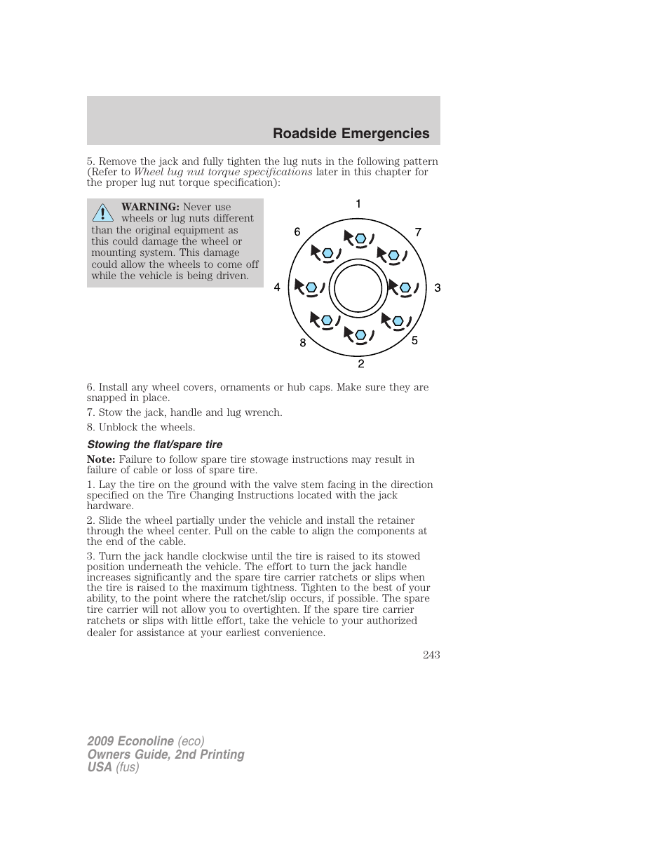 Stowing the flat/spare tire, Roadside emergencies | FORD 2009 E-450 v.2 User Manual | Page 243 / 320