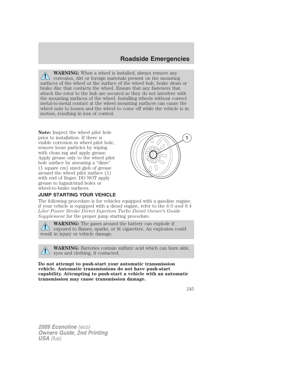 Jump starting your vehicle, Jump starting, Roadside emergencies | FORD 2009 E-450 v.2 User Manual | Page 245 / 320