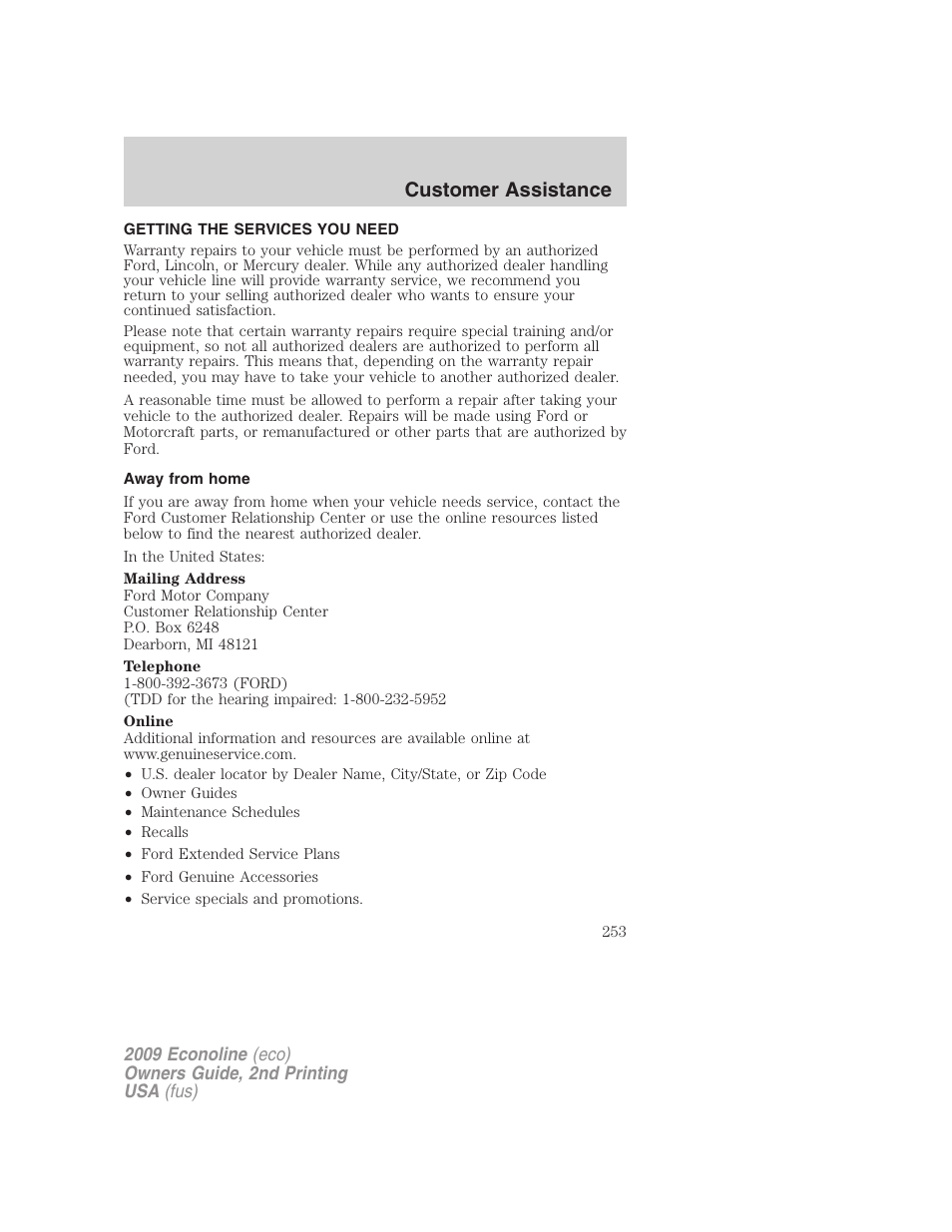 Customer assistance, Getting the services you need, Away from home | FORD 2009 E-450 v.2 User Manual | Page 253 / 320