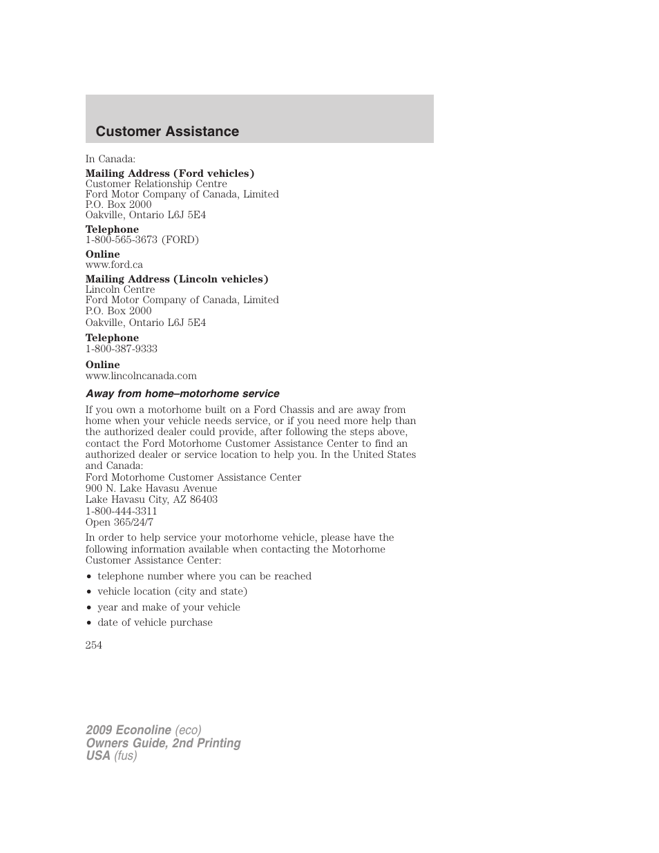 Away from home–motorhome service, Customer assistance | FORD 2009 E-450 v.2 User Manual | Page 254 / 320