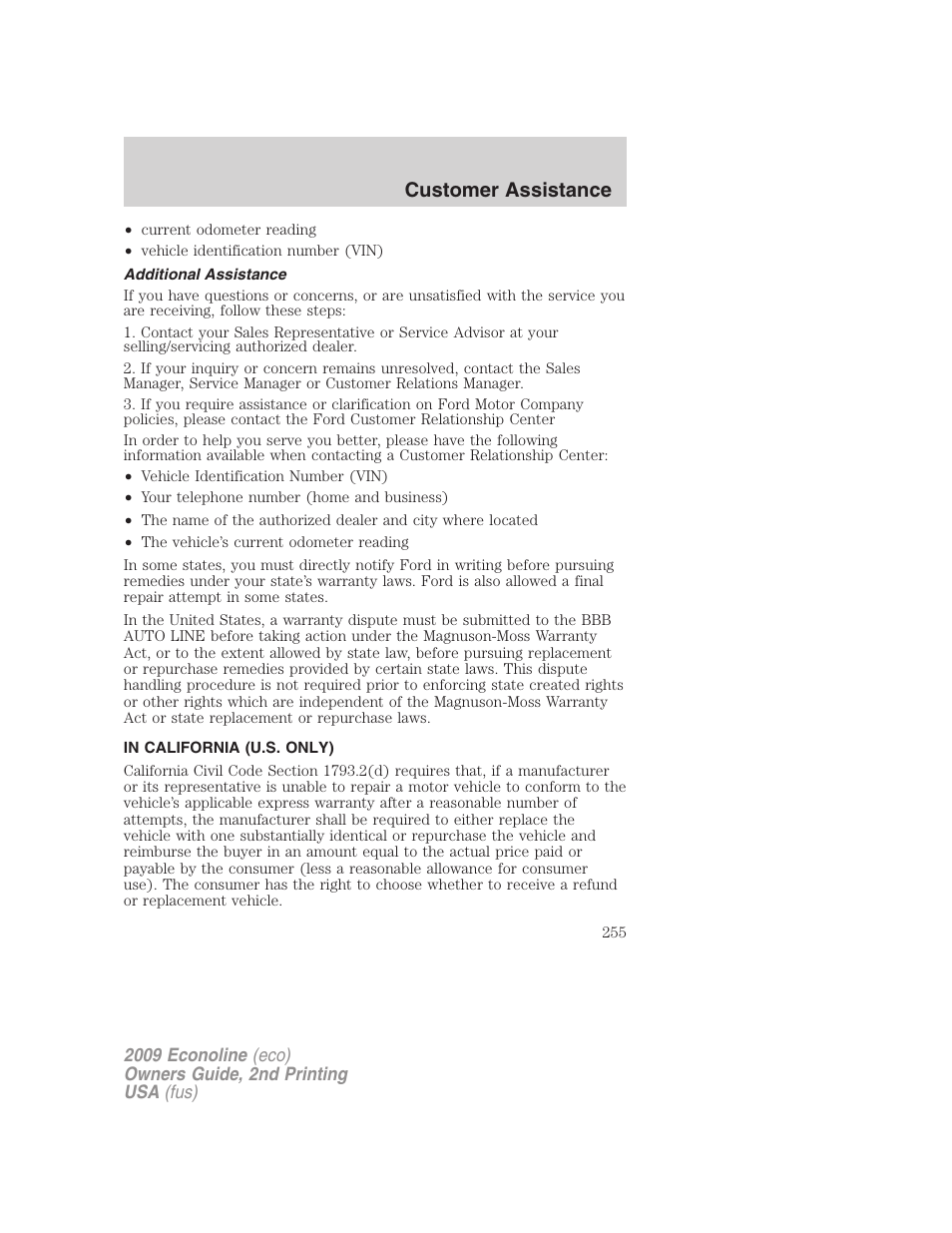 Additional assistance, In california (u.s. only), Customer assistance | FORD 2009 E-450 v.2 User Manual | Page 255 / 320
