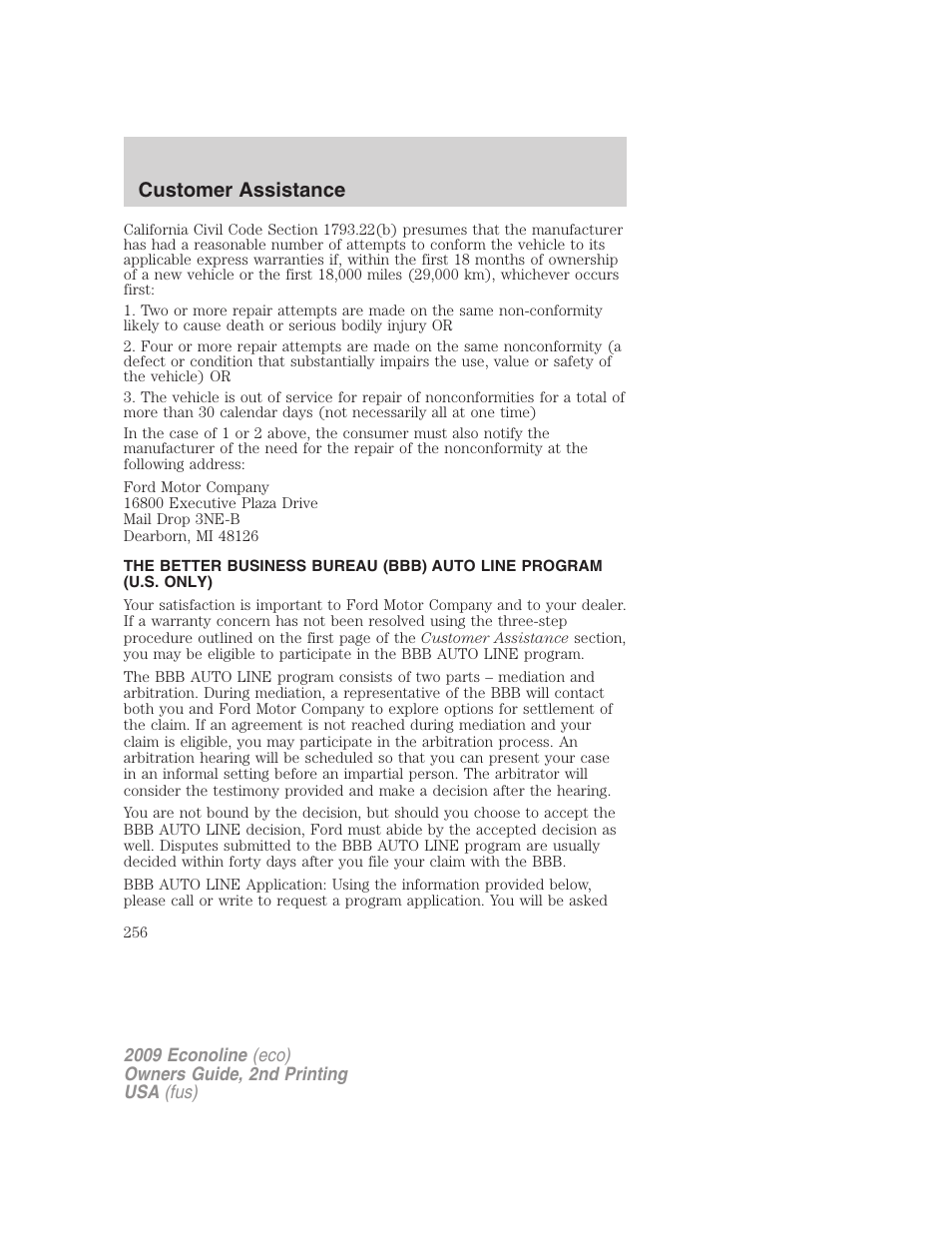 Customer assistance | FORD 2009 E-450 v.2 User Manual | Page 256 / 320