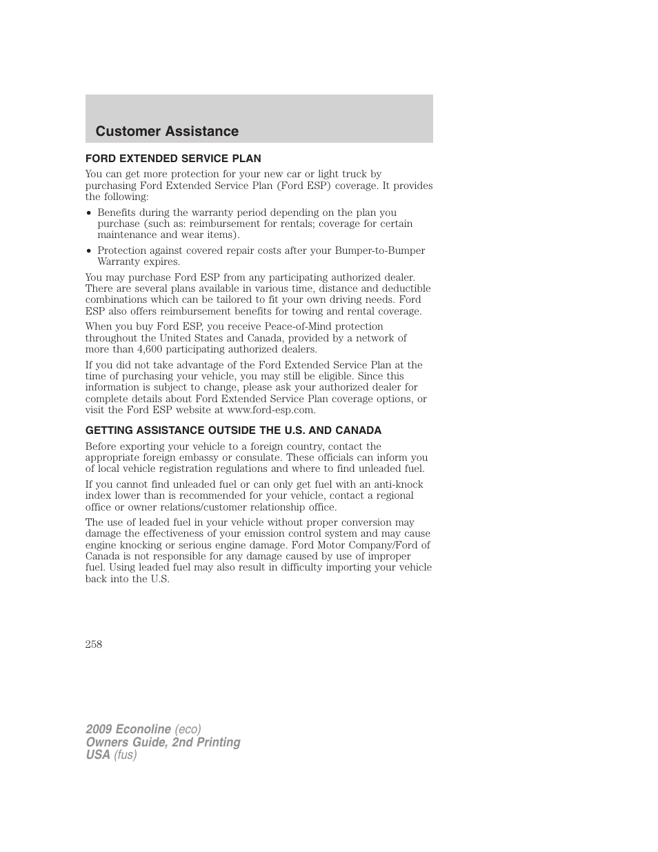 Ford extended service plan, Getting assistance outside the u.s. and canada, Customer assistance | FORD 2009 E-450 v.2 User Manual | Page 258 / 320