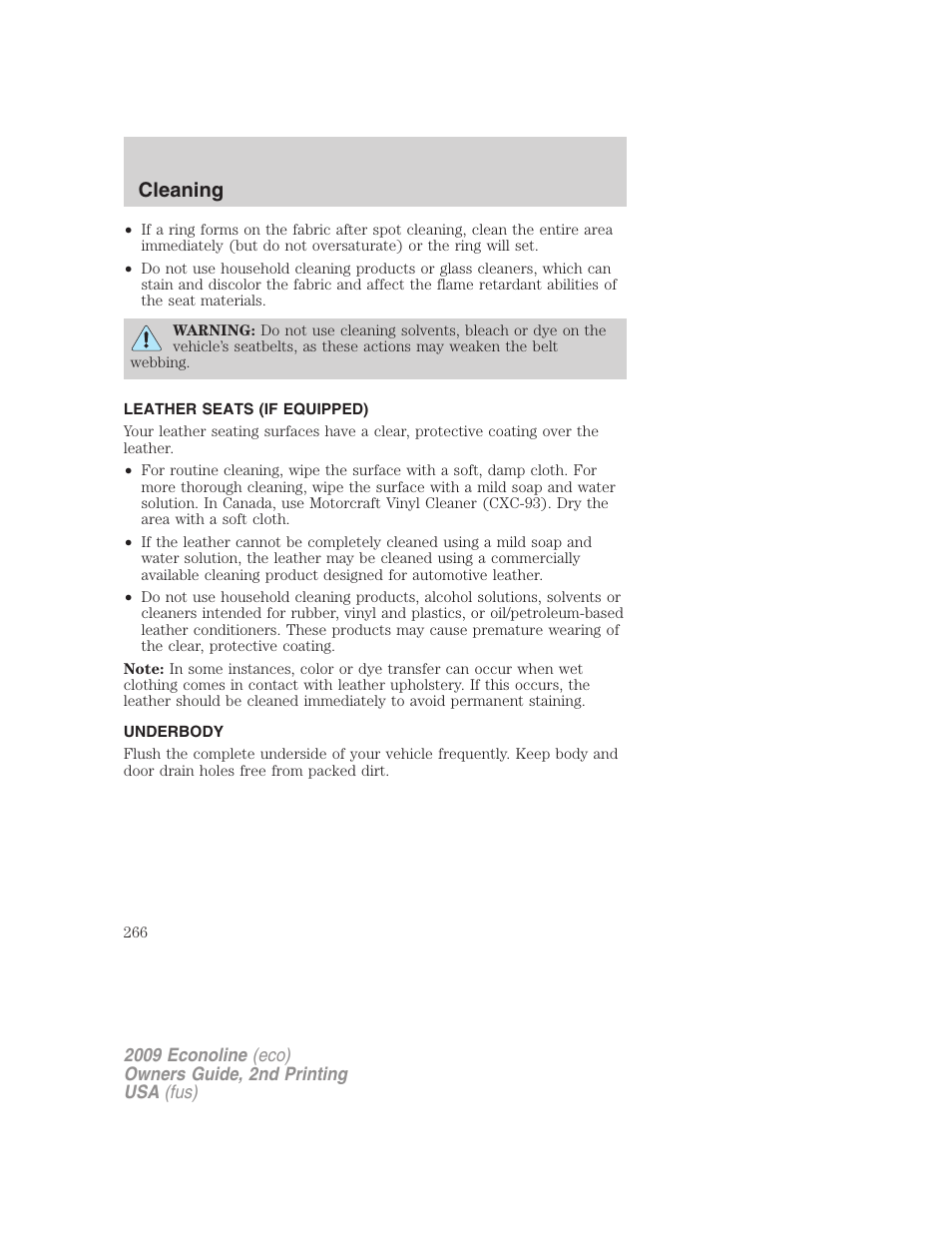 Leather seats (if equipped), Underbody, Underbody preservation | Cleaning | FORD 2009 E-450 v.2 User Manual | Page 266 / 320