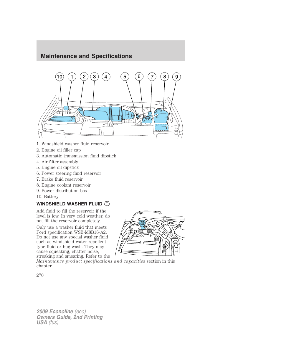 Windshield washer fluid, Maintenance and specifications | FORD 2009 E-450 v.2 User Manual | Page 270 / 320
