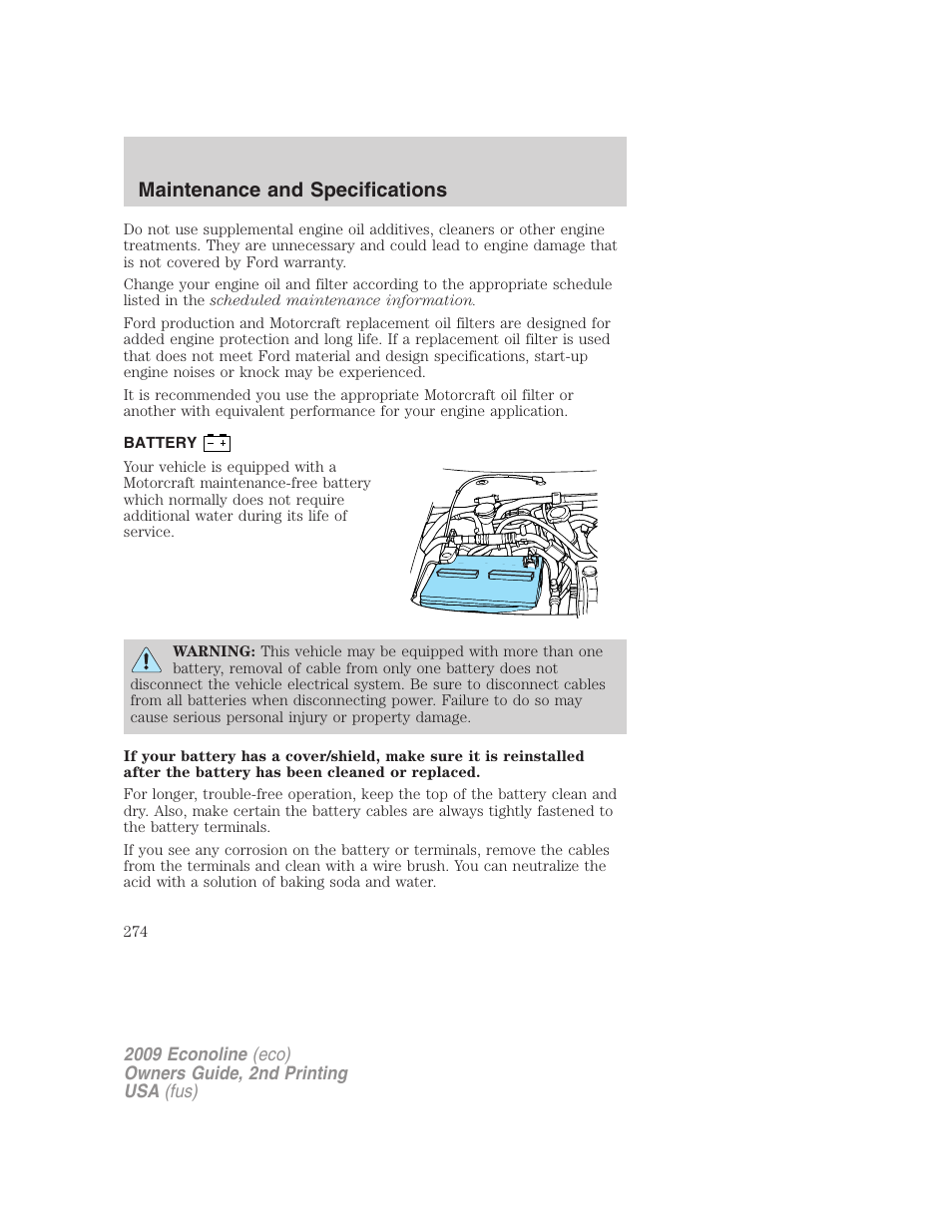 Battery, Maintenance and specifications | FORD 2009 E-450 v.2 User Manual | Page 274 / 320