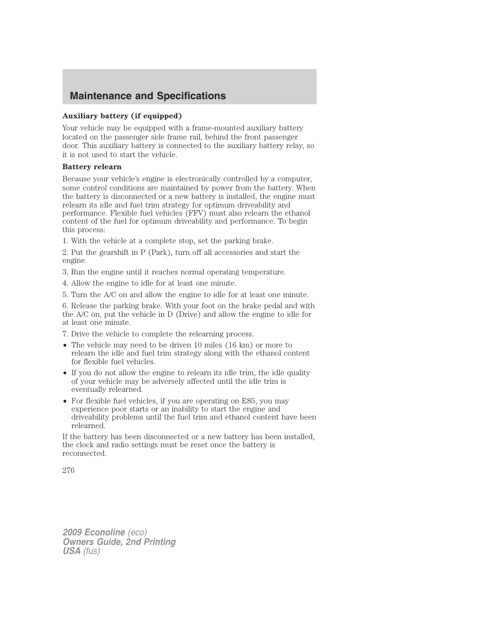 Maintenance and specifications | FORD 2009 E-450 v.2 User Manual | Page 276 / 320