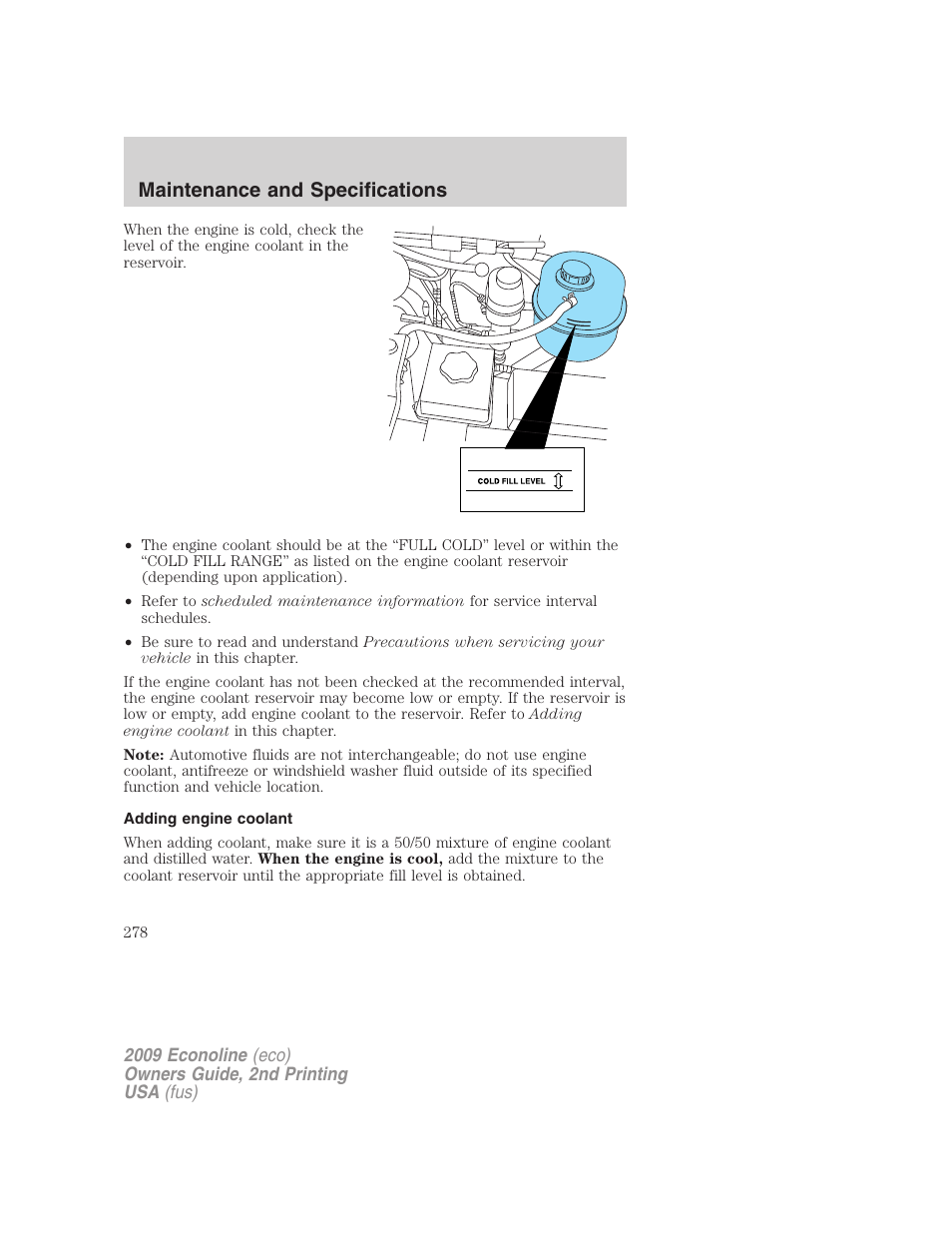 Adding engine coolant, Maintenance and specifications | FORD 2009 E-450 v.2 User Manual | Page 278 / 320