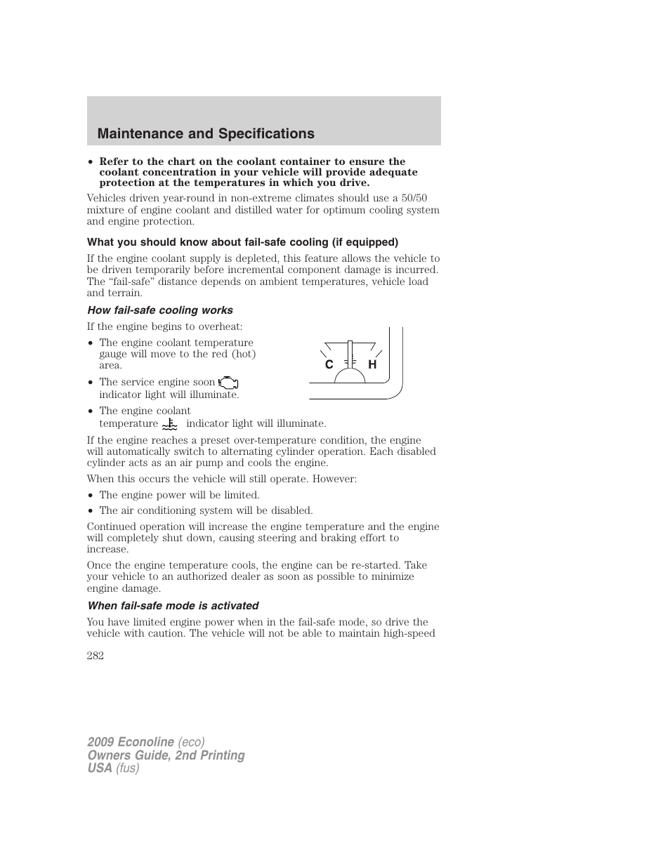 How fail-safe cooling works, When fail-safe mode is activated, Maintenance and specifications | FORD 2009 E-450 v.2 User Manual | Page 282 / 320