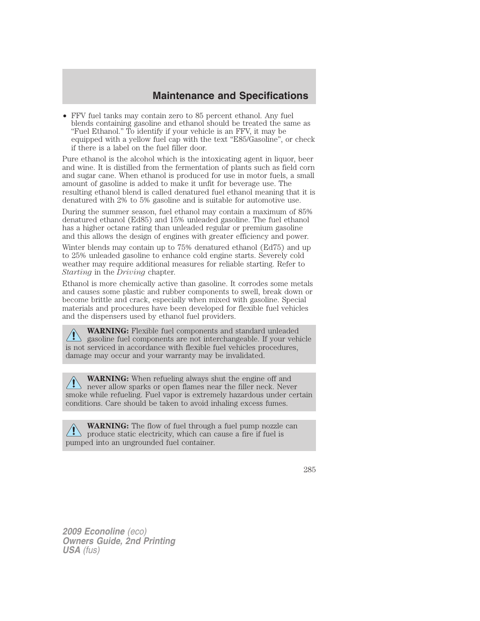 Maintenance and specifications | FORD 2009 E-450 v.2 User Manual | Page 285 / 320