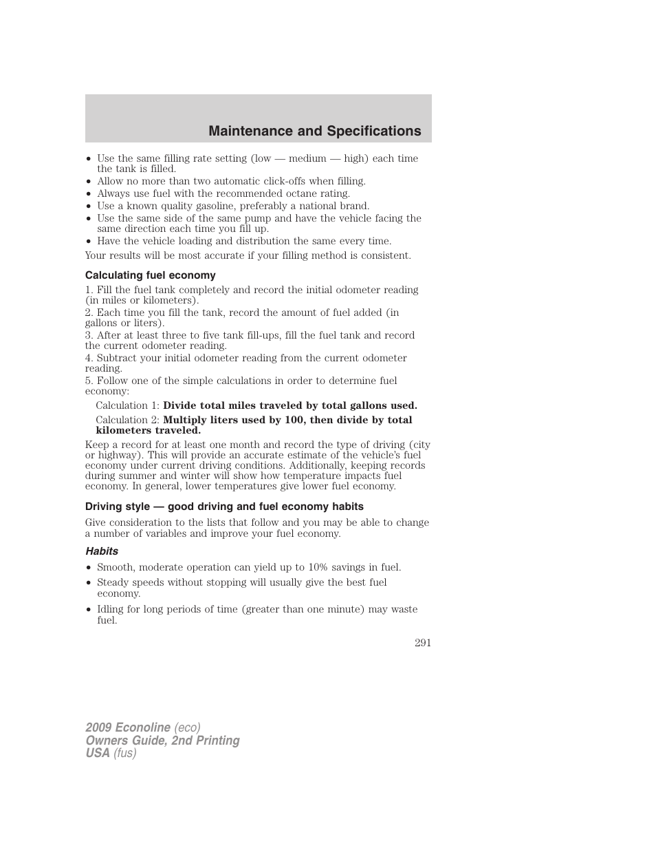 Calculating fuel economy, Habits, Maintenance and specifications | FORD 2009 E-450 v.2 User Manual | Page 291 / 320
