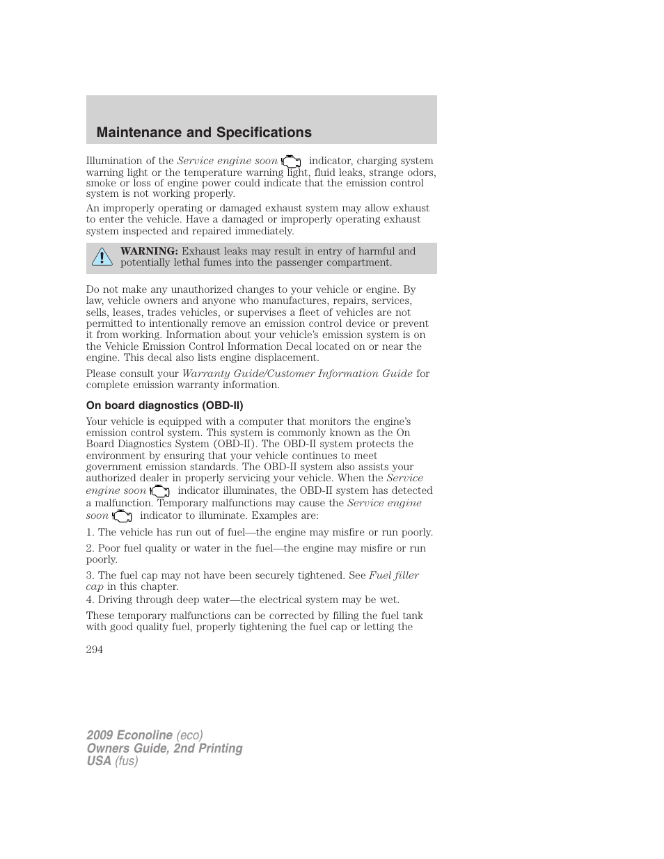 On board diagnostics (obd-ii), Maintenance and specifications | FORD 2009 E-450 v.2 User Manual | Page 294 / 320