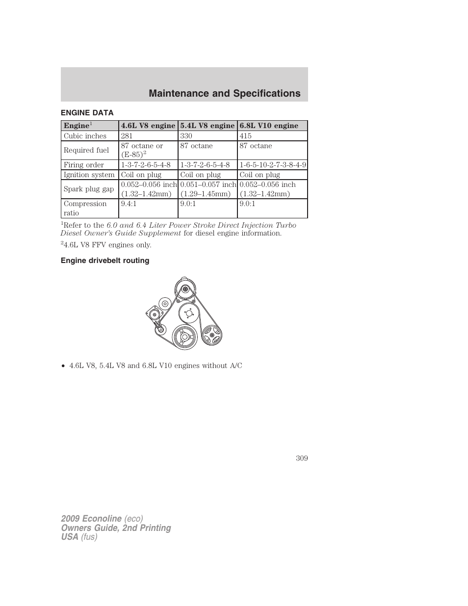 Engine data, Engine drivebelt routing, Maintenance and specifications | FORD 2009 E-450 v.2 User Manual | Page 309 / 320