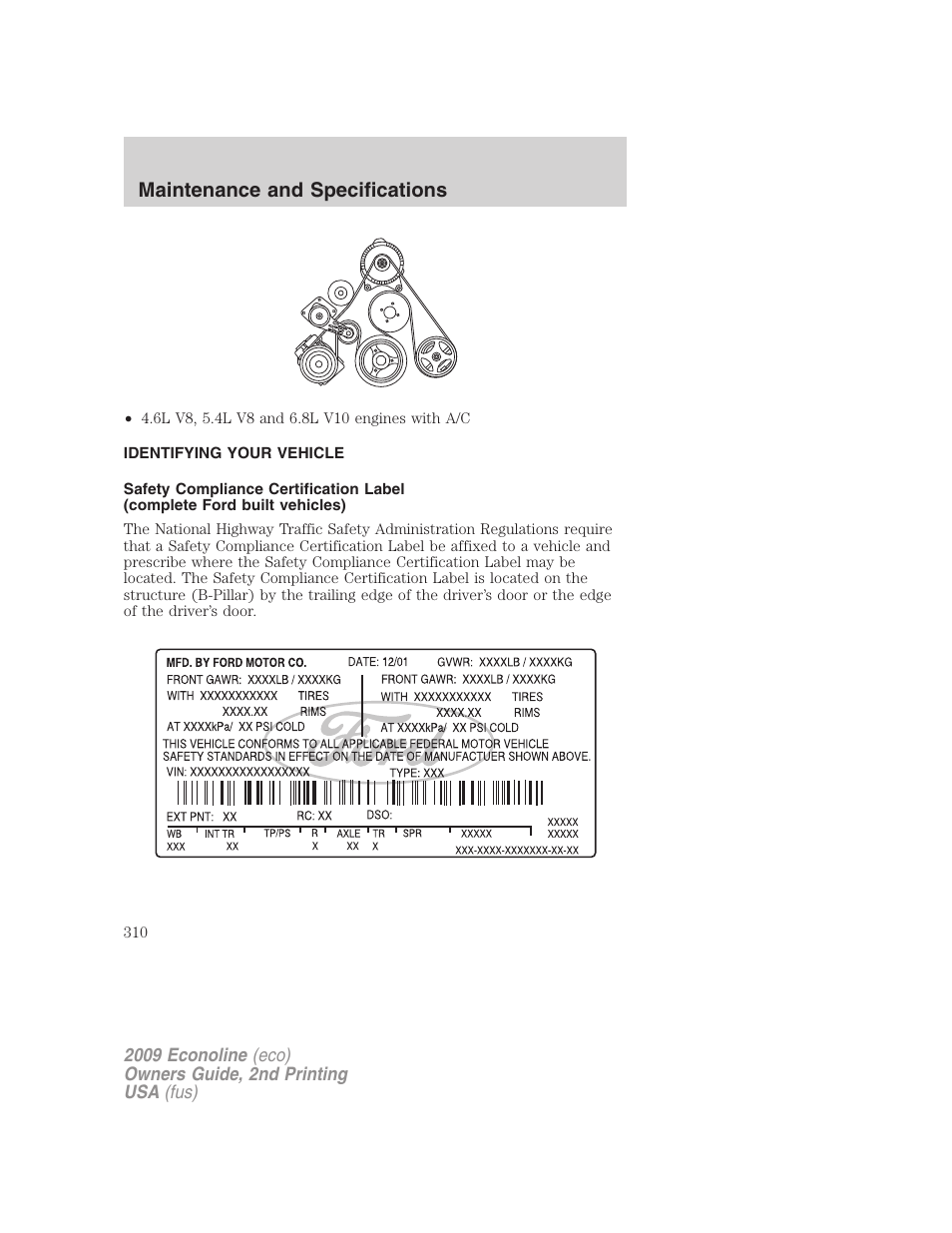 Identifying your vehicle, Maintenance and specifications | FORD 2009 E-450 v.2 User Manual | Page 310 / 320