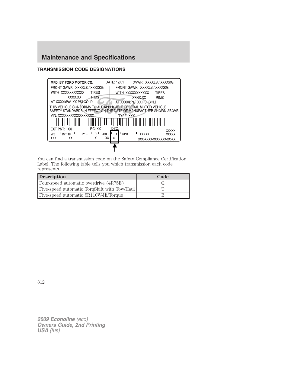 Transmission code designations, Maintenance and specifications | FORD 2009 E-450 v.2 User Manual | Page 312 / 320