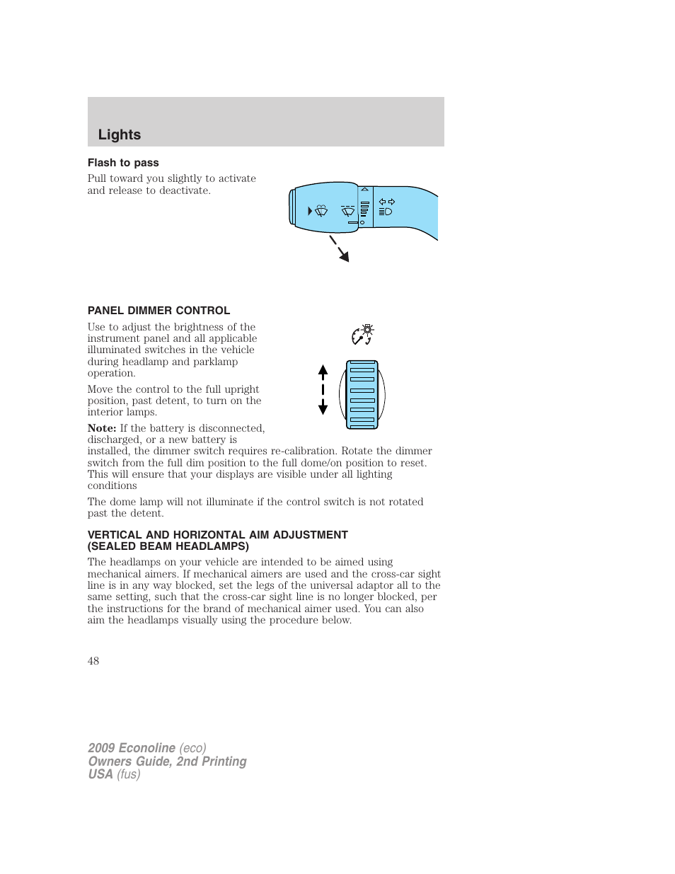 Flash to pass, Panel dimmer control, Lights | FORD 2009 E-450 v.2 User Manual | Page 48 / 320