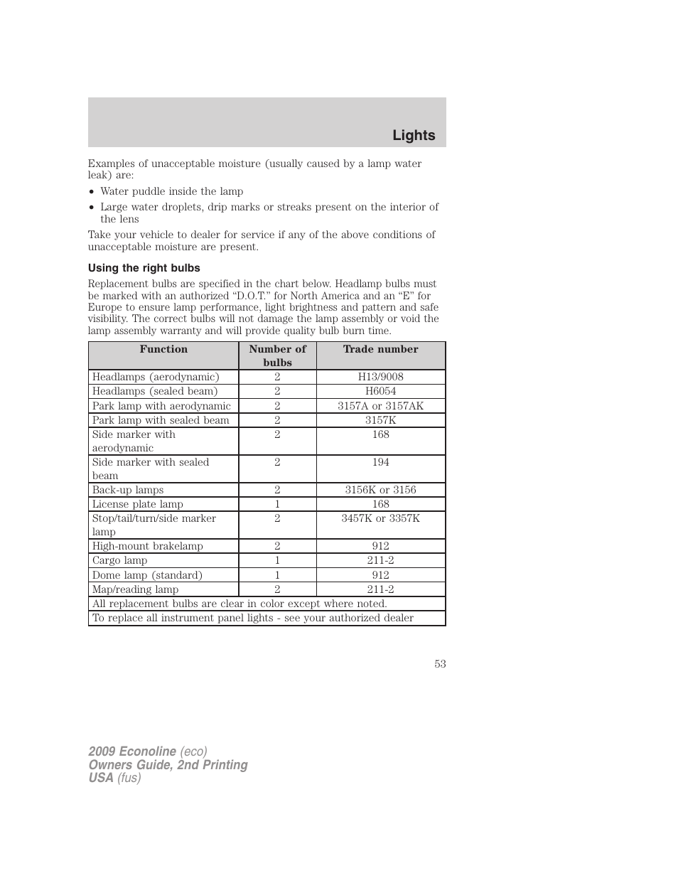 Using the right bulbs, Lights | FORD 2009 E-450 v.2 User Manual | Page 53 / 320