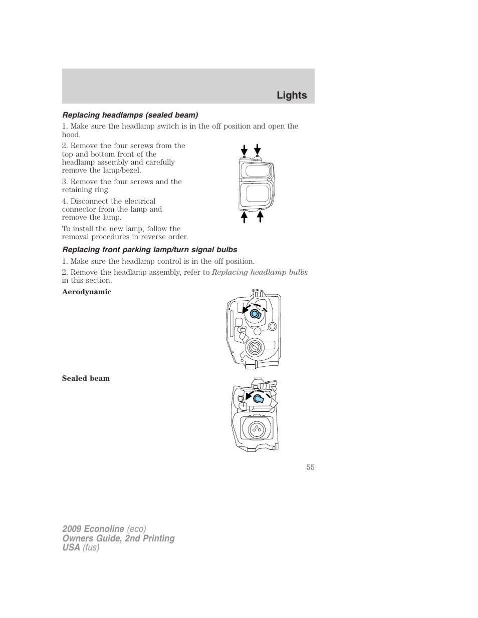 Replacing headlamps (sealed beam), Replacing front parking lamp/turn signal bulbs, Lights | FORD 2009 E-450 v.2 User Manual | Page 55 / 320