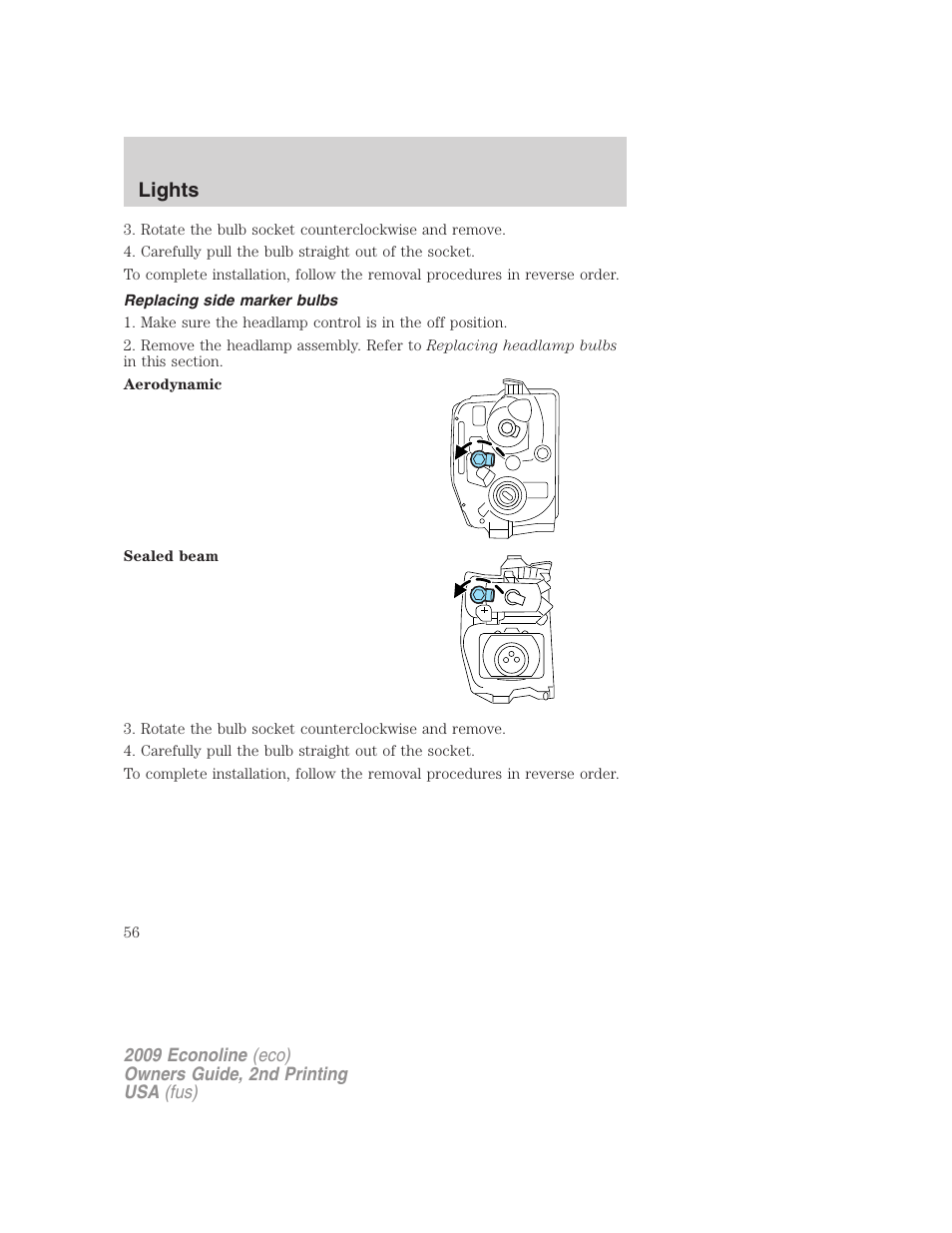 Replacing side marker bulbs, Lights | FORD 2009 E-450 v.2 User Manual | Page 56 / 320