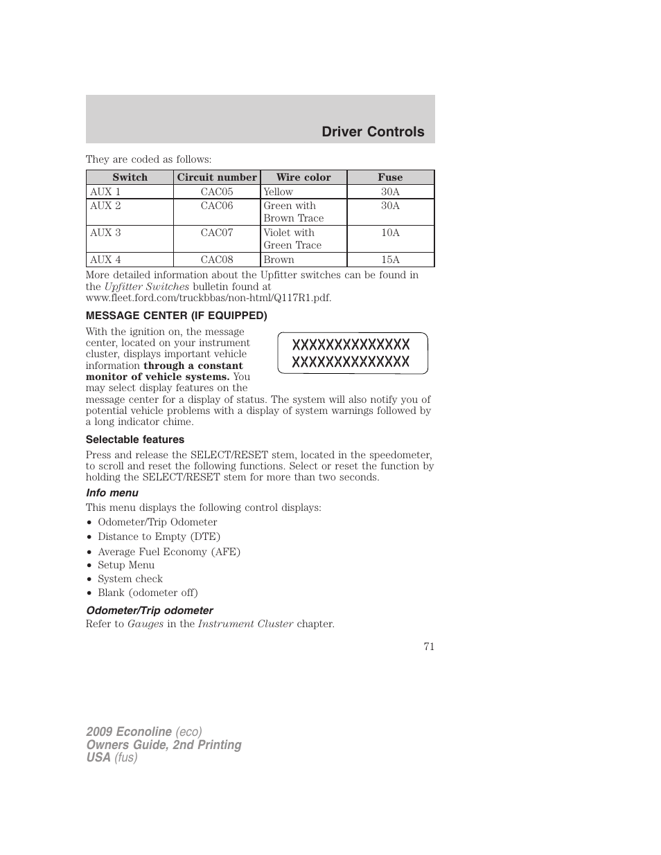 Message center (if equipped), Selectable features, Info menu | Odometer/trip odometer, Message center, Driver controls | FORD 2009 E-450 v.2 User Manual | Page 71 / 320