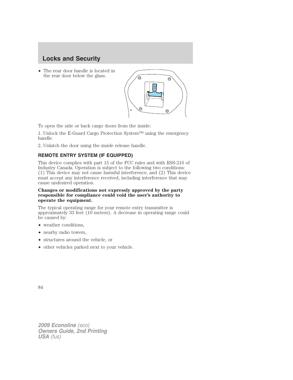Remote entry system (if equipped), Locks and security | FORD 2009 E-450 v.2 User Manual | Page 84 / 320