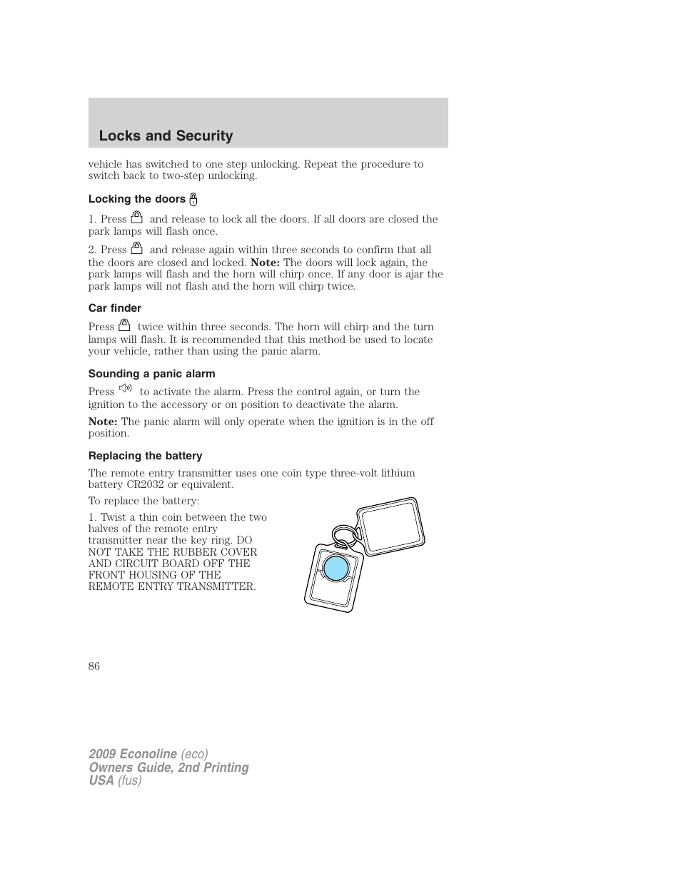 Locking the doors, Car finder, Sounding a panic alarm | Replacing the battery, Locks and security | FORD 2009 E-450 v.2 User Manual | Page 86 / 320