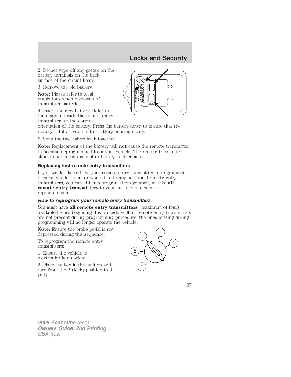 Replacing lost remote entry transmitters, How to reprogram your remote entry transmitters, Locks and security | FORD 2009 E-450 v.2 User Manual | Page 87 / 320