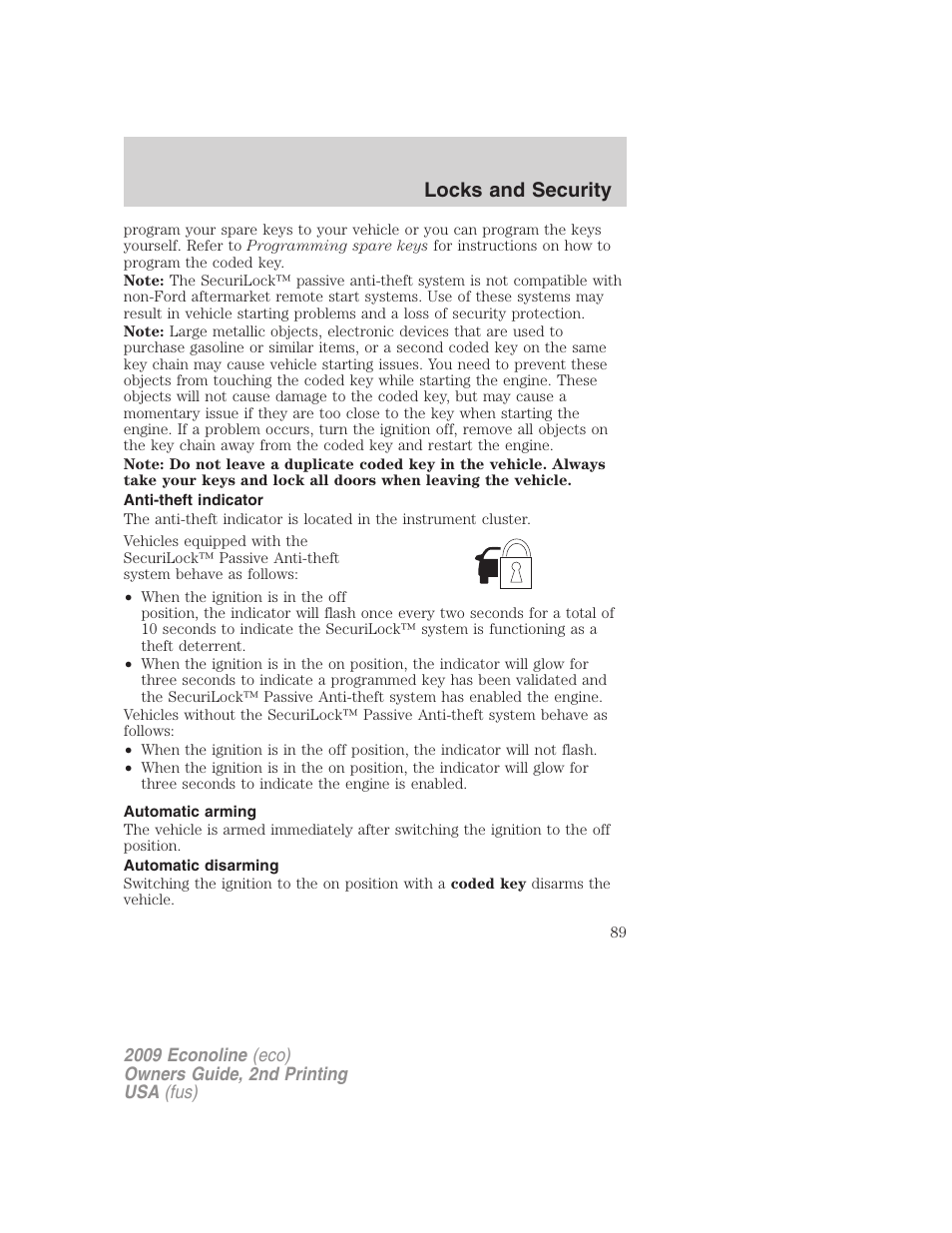 Anti-theft indicator, Automatic arming, Automatic disarming | Locks and security | FORD 2009 E-450 v.2 User Manual | Page 89 / 320