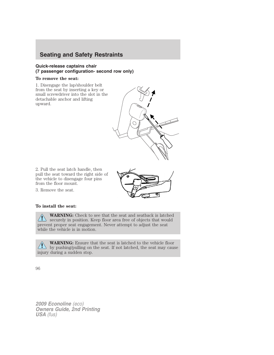 Seating and safety restraints | FORD 2009 E-450 v.2 User Manual | Page 96 / 320