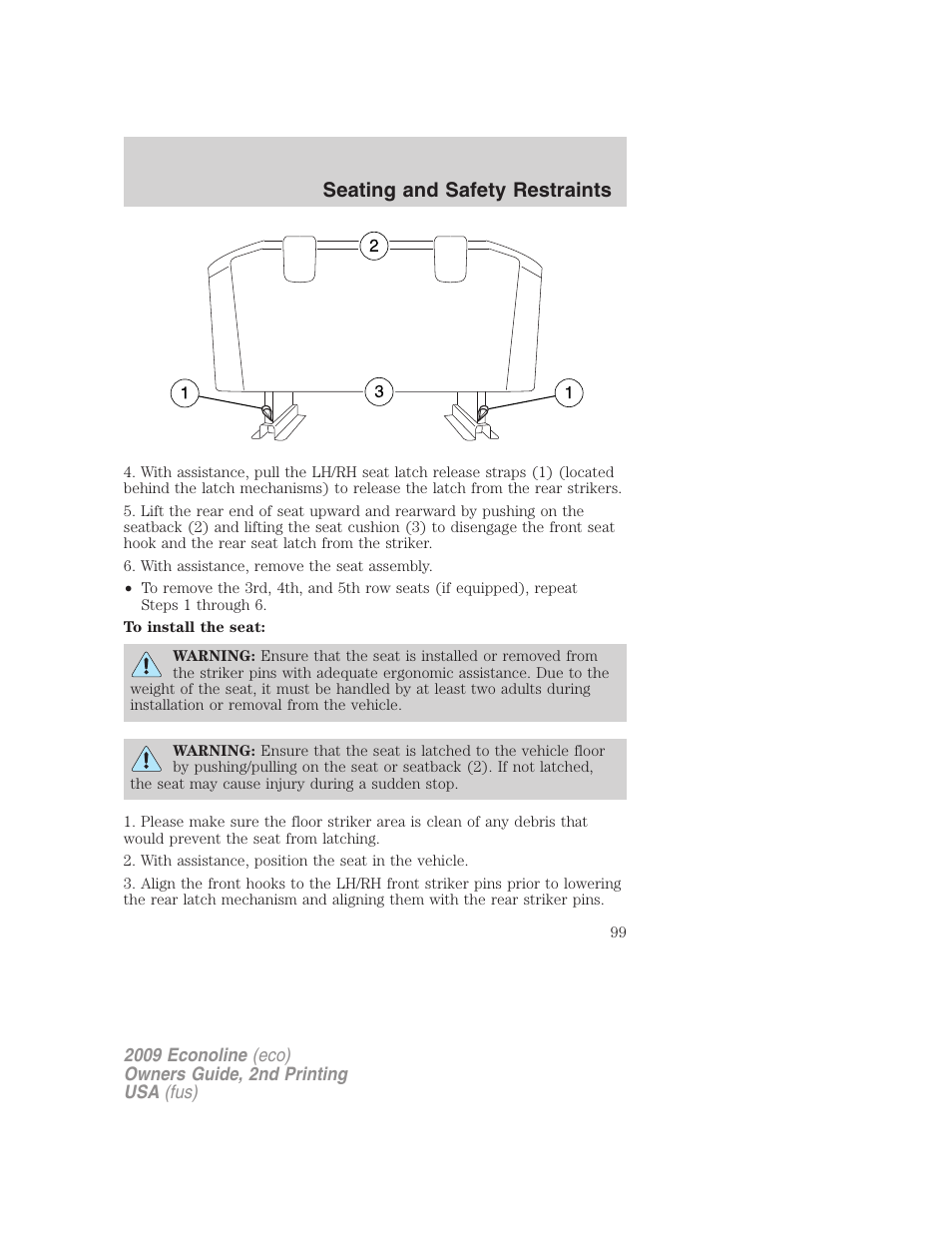 Seating and safety restraints | FORD 2009 E-450 v.2 User Manual | Page 99 / 320