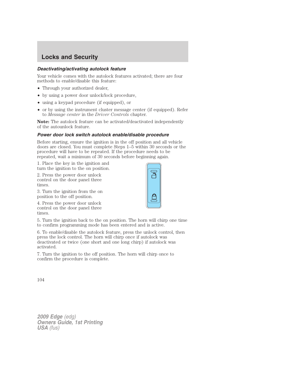 Deactivating/activating autolock feature, Locks and security | FORD 2009 Edge v.1 User Manual | Page 104 / 320